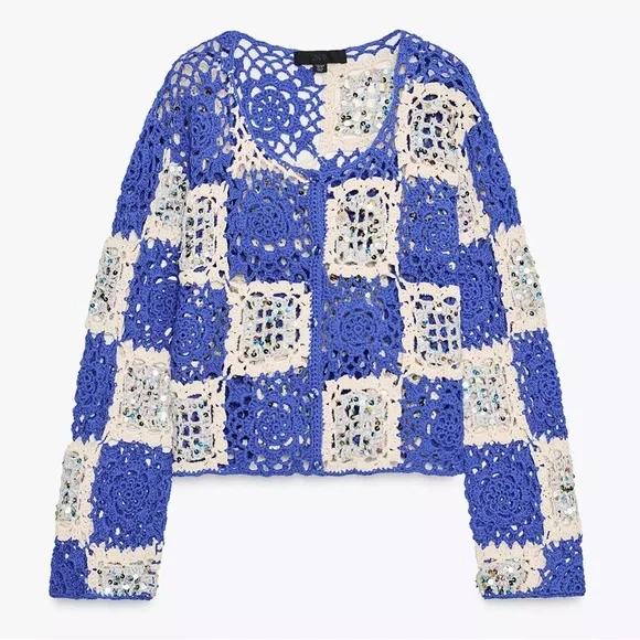 Zara Sequin Crochet Jacket Cardigan Blue / cream NWT - Picture 5 of 7